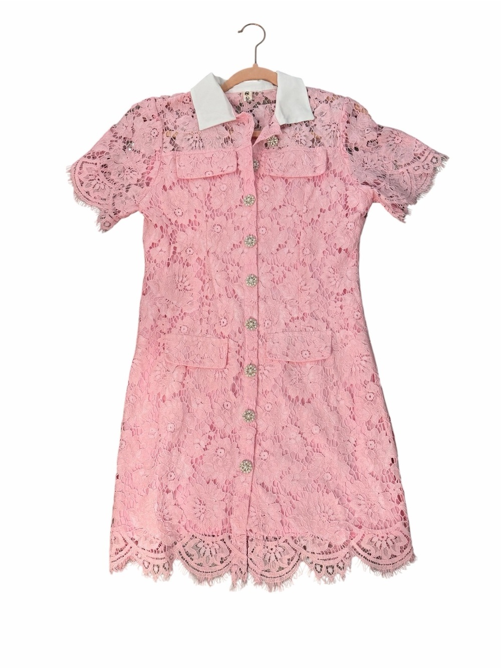 NWOT elegant Pink Lace Dress with White Collar